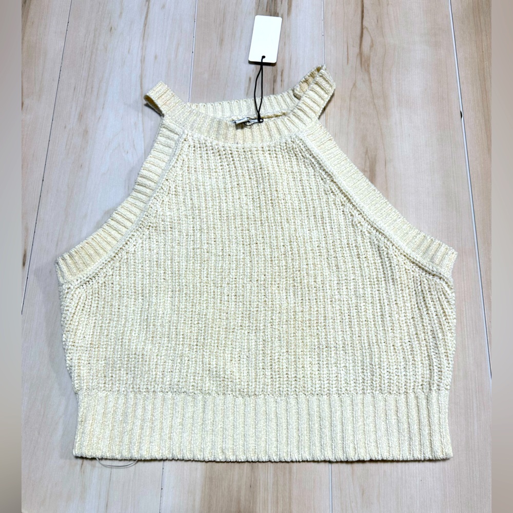 Cream HUNTER & BROWN size L cropped Knit sleeveless Women's Top A202